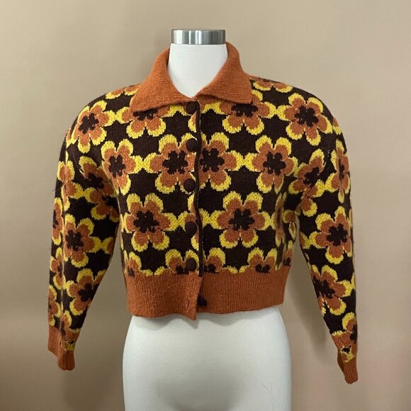 ZARA Daisy Flower 70's Vibe Brown & yellow Collar Knit Cardigan Sweater - Picture 1 of 7